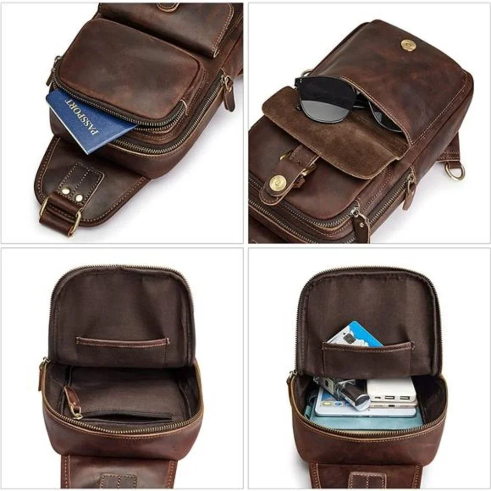 Unisex Vintage Genuine Leather Shoulder Backpack Crossbody Bag, Dark Brown